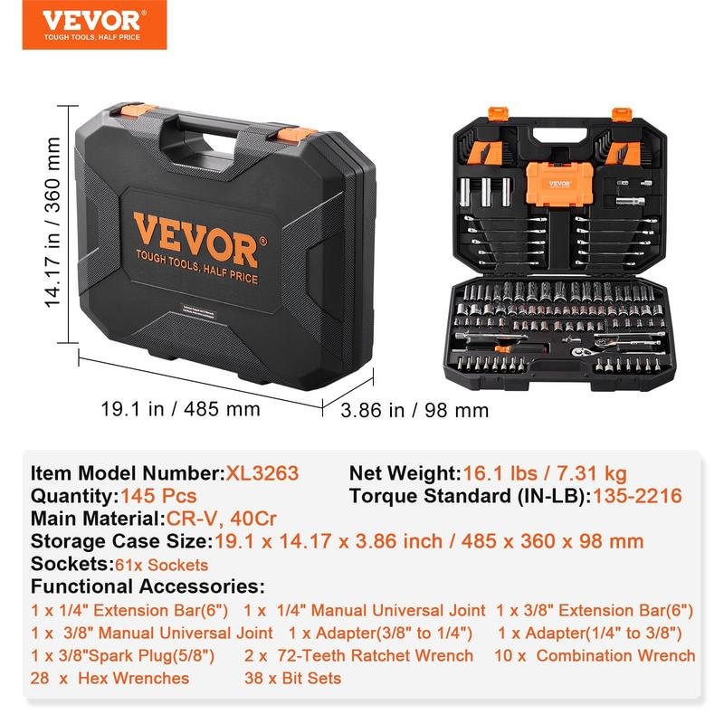 Vevor Mechanics Tool Set and Socket Set with various Accessories, Storage Case