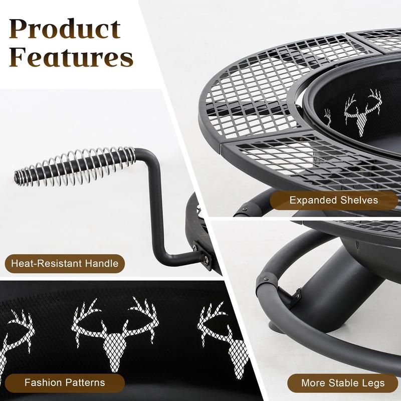 3-in-1 Fire Pit Table, Wood Burning Outdoor Firepit with Lid & Poker