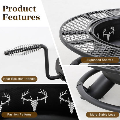 3-in-1 Fire Pit Table, Wood Burning Outdoor Firepit with Lid & Poker