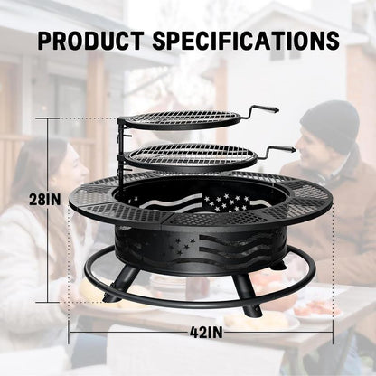 3-in-1 Fire Pit Table, Wood Burning Outdoor Firepit with Lid & Poker
