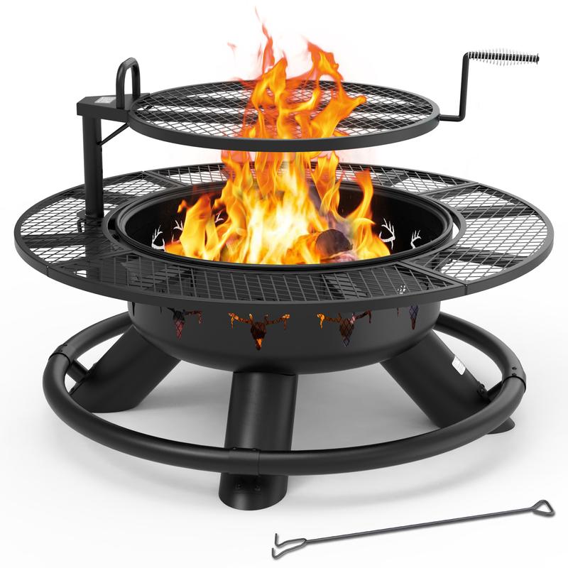 3-in-1 Fire Pit Table, Wood Burning Outdoor Firepit with Lid & Poker