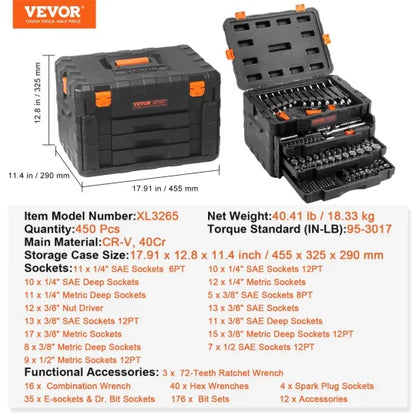 Vevor Mechanics Tool Set and Socket Set with various Accessories, Storage Case