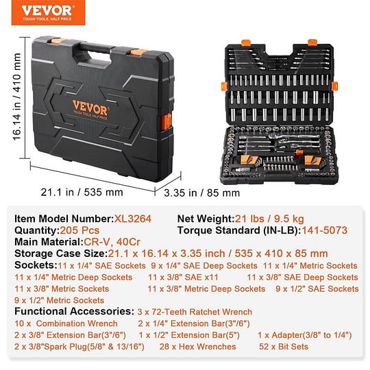 Vevor Mechanics Tool Set and Socket Set with various Accessories, Storage Case