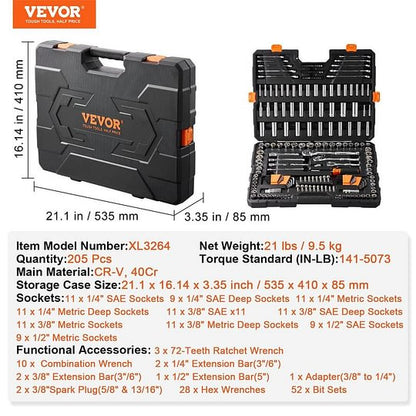 Vevor Mechanics Tool Set and Socket Set with various Accessories, Storage Case