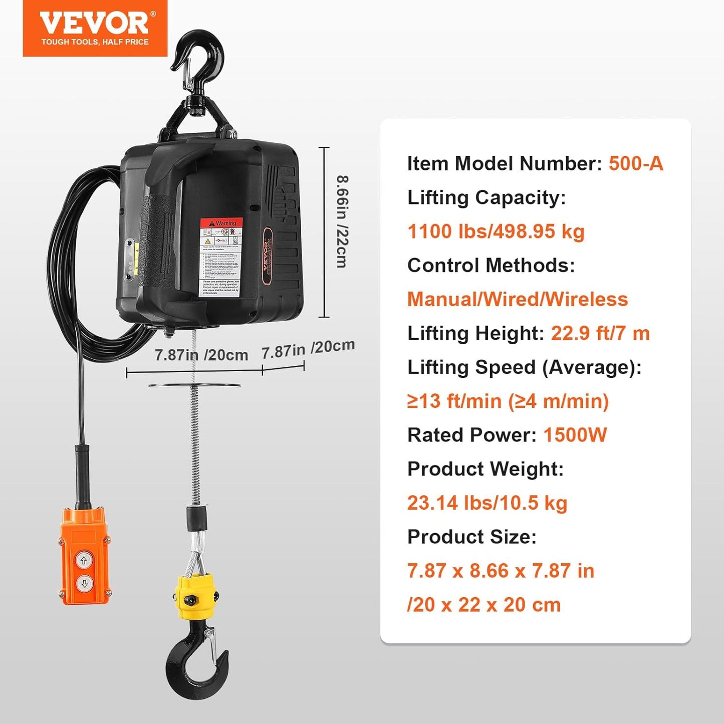 VEVOR 3-in-1 Electric Hoist Winch – 1100 lbs, 1500W