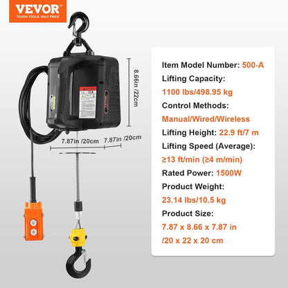 VEVOR 3-in-1 Electric Hoist Winch – 1100 lbs, 1500W