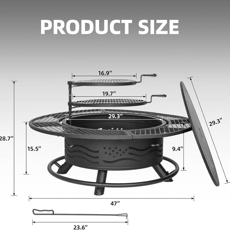 3-in-1 Fire Pit Table, Wood Burning Outdoor Firepit with Lid & Poker
