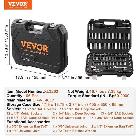 Vevor Mechanics Tool Set and Socket Set with various Accessories, Storage Case