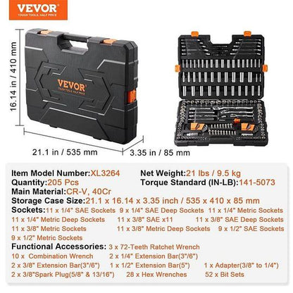 Vevor Mechanics Tool Set and Socket Set with various Accessories, Storage Case